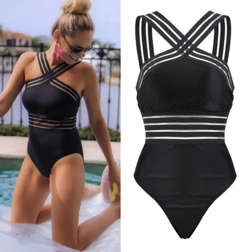 1Piece Cross Black Swimwear Women Summer Holiday Suits Bandage Monokini Bikini Swimsuit Mesh Beach Bathing Suit