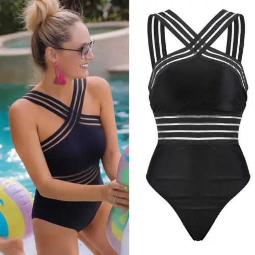 1Piece Cross Black Swimwear Women Summer Holiday Suits Bandage Monokini Bikini Swimsuit Mesh Beach Bathing Suit