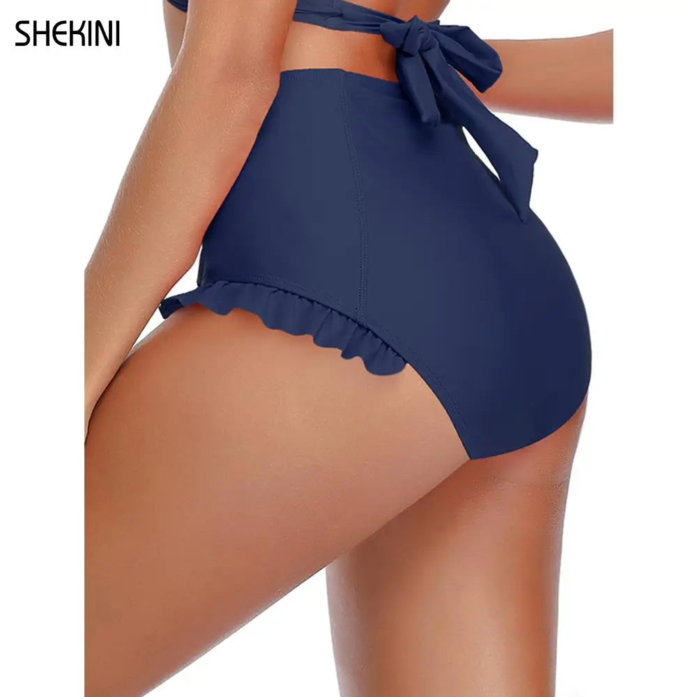 SHEKINI Womens Ruffle Trim Bikini Bottoms Vintage High Waist Swimming Pants Solid Briefs Swimsuit Panties Beach Swim Trunks