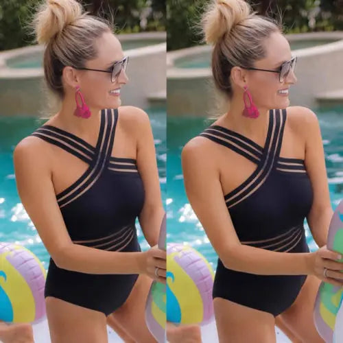 1Piece Cross Black Swimwear Women Summer Holiday Suits Bandage Monokini Bikini Swimsuit Mesh Beach Bathing Suit