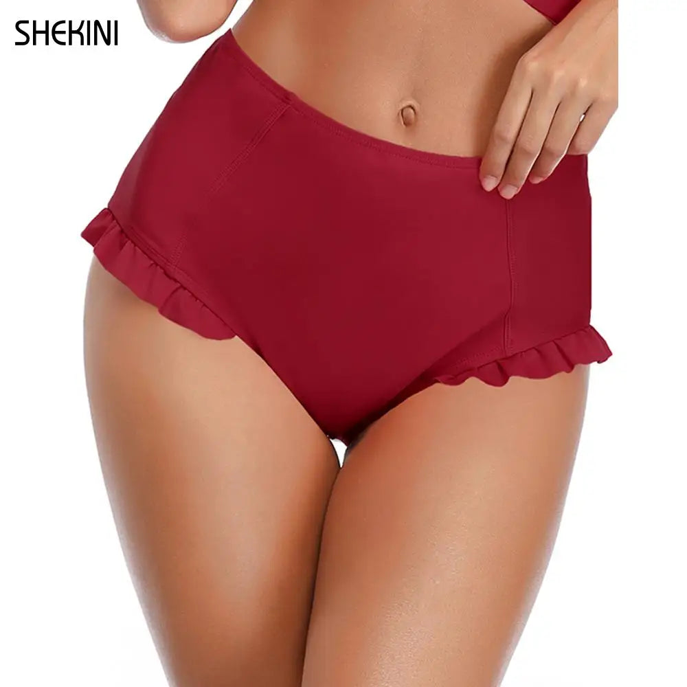 SHEKINI Womens Ruffle Trim Bikini Bottoms Vintage High Waist Swimming Pants Solid Briefs Swimsuit Panties Beach Swim Trunks