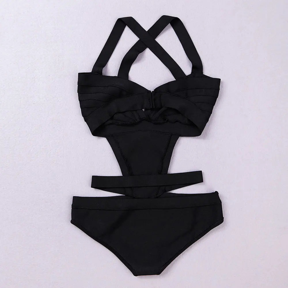 black one piece spaghetti strap cut out 2018 newest sexy good quality rayon bandage swimsuit