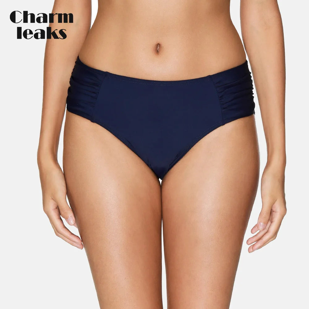 Charmleaks Women Swimming Trunks Ladies Ruched Bikini Bottom Ban Solid Color Swimwear Briefs Sexy Swimming Bottom