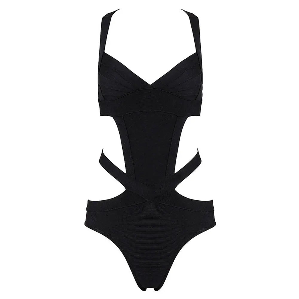 black one piece spaghetti strap cut out 2018 newest sexy good quality rayon bandage swimsuit