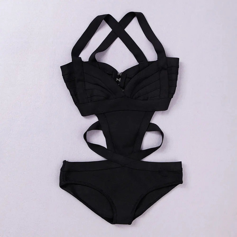 black one piece spaghetti strap cut out 2018 newest sexy good quality rayon bandage swimsuit