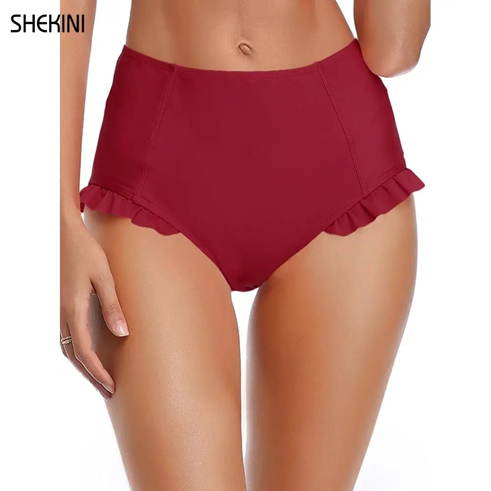 SHEKINI Womens Ruffle Trim Bikini Bottoms Vintage High Waist Swimming Pants Solid Briefs Swimsuit Panties Beach Swim Trunks