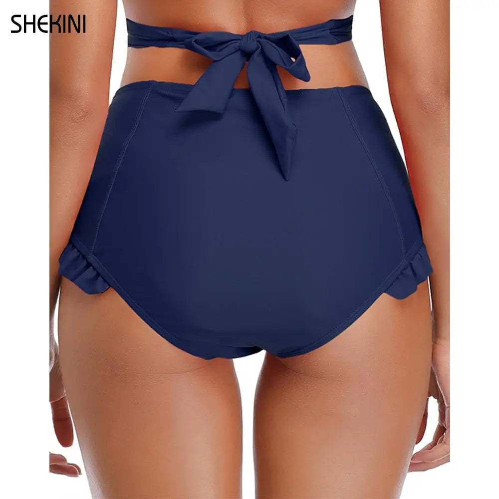 SHEKINI Womens Ruffle Trim Bikini Bottoms Vintage High Waist Swimming Pants Solid Briefs Swimsuit Panties Beach Swim Trunks