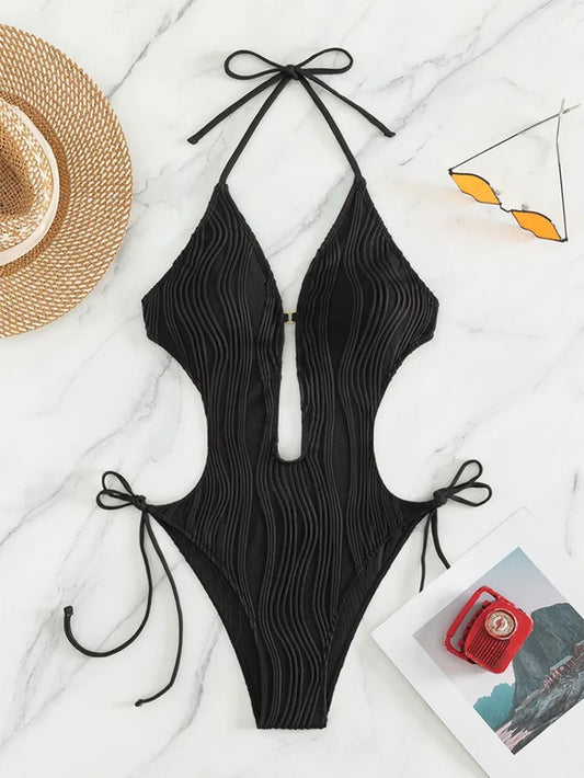 sexy wave hollow halter swimsuit one piece bikinis 2024 women tie thong swimsuit female bathing suit swimwear biquini