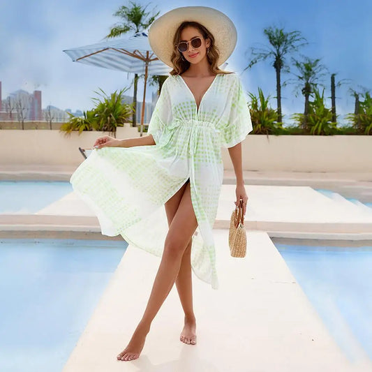 Summer Women Beach Coverups Dress Batwing Sleeve V-neck Bikini Beach Cover Ups Loose Fit Slit Cardigan