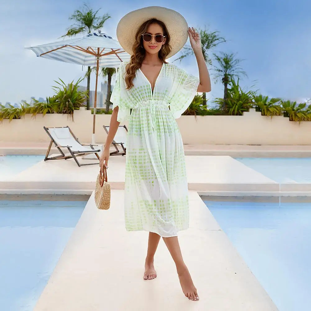 Summer Women Beach Coverups Dress Batwing Sleeve V-neck Bikini Beach Cover Ups Loose Fit Slit Cardigan