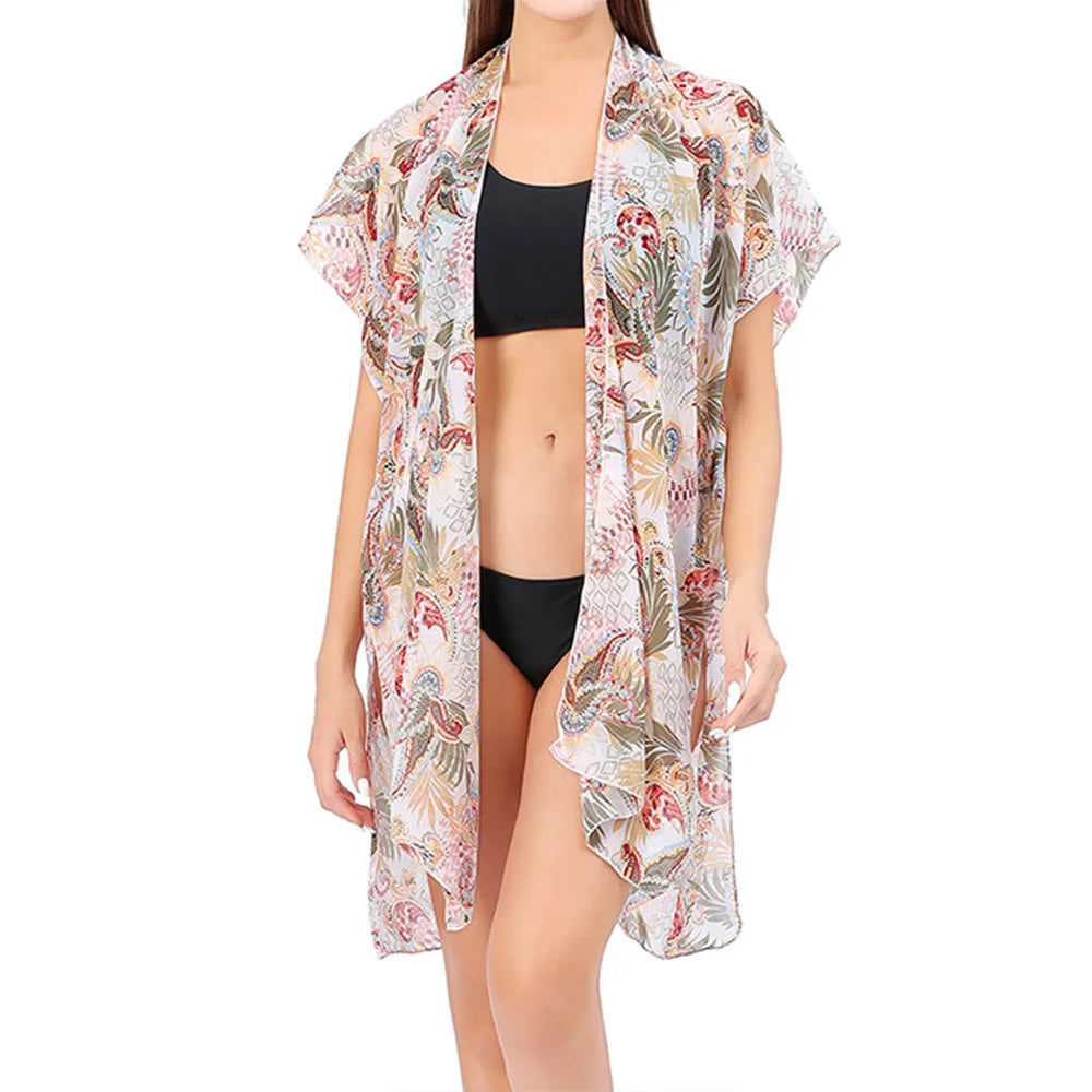 Women's Tops Boho Loose Chiffon Coverups Beach Swim Bikini Kimono Cardigan Bathing Suit Cover Ups Blouse Swimwear Resort Wear