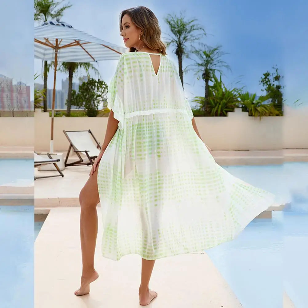 Summer Women Beach Coverups Dress Batwing Sleeve V-neck Bikini Beach Cover Ups Loose Fit Slit Cardigan