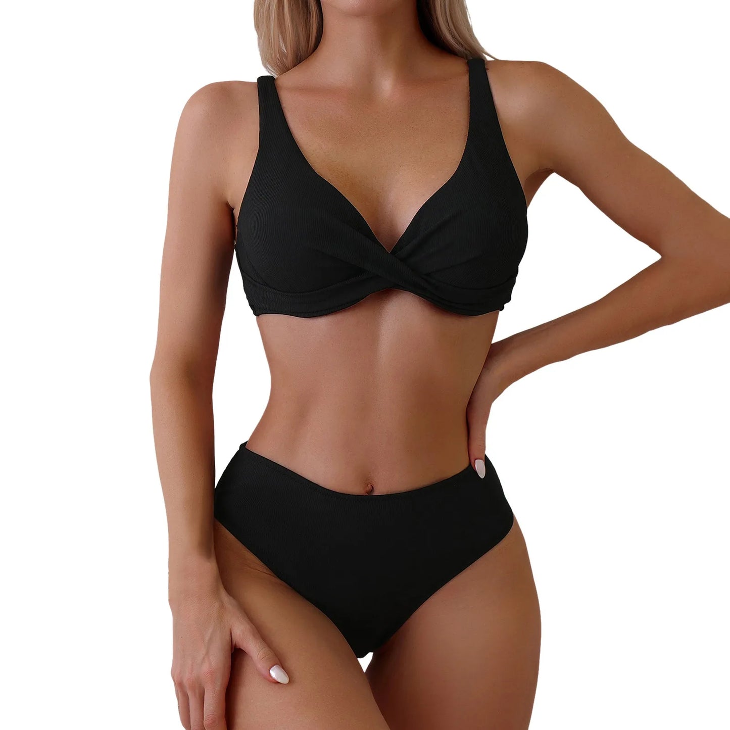 Women Bikini 2024 Sexy Push Up Two Piece Swimsuits Cross Strap Swimwear Solid Ruched High Waist Bikini Set Brazilian Beachwear