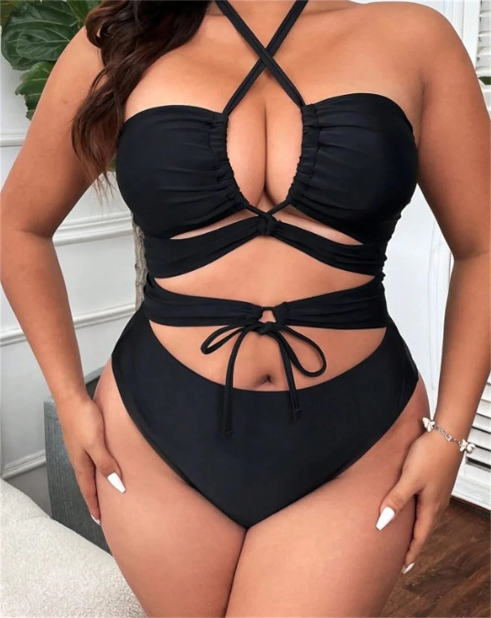 2024 new fashion women's beach beach holiday bikini one-piece triangular holloway lace-up swimsuit sexy plus size swimsuit woman