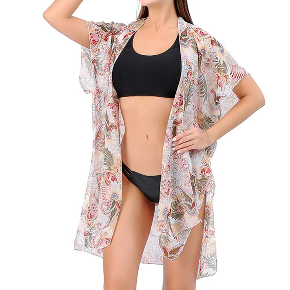 Women's Tops Boho Loose Chiffon Coverups Beach Swim Bikini Kimono Cardigan Bathing Suit Cover Ups Blouse Swimwear Resort Wear