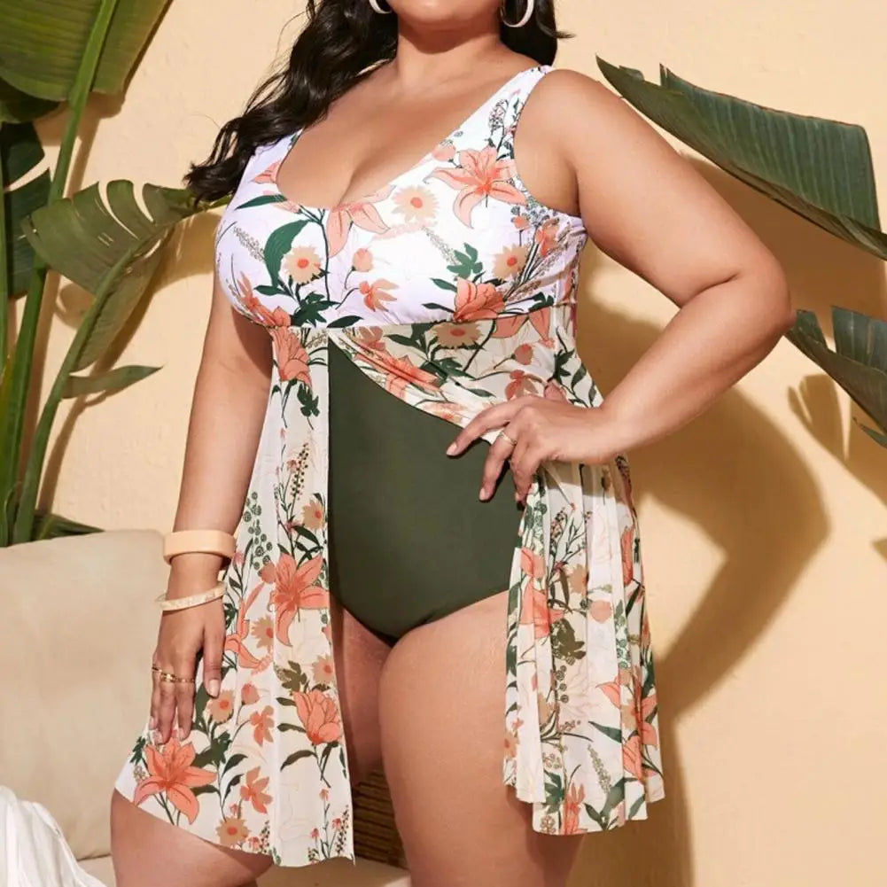 Control Tummy Swimsuit Flattering Plus Size Plant Print One-piece Swimsuits for Women U-neck Monokini Ruffle Hem for Summer