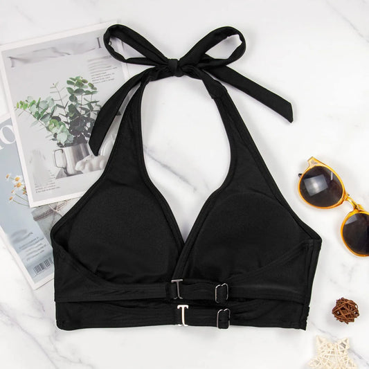 Women Halter Swimwear Vest Removable Chest Pad Full Coverage Bikini Tops Gather Push Up Swim Crop Top Beachwear Bathing Suit