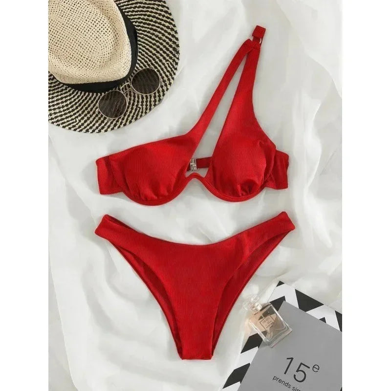 One Shoulder Bikinis 2024 Women Sexy Swimwear Female Brazilian Swimsuit Solid Beachwear Bathers Bathing Swimming Swim Suit