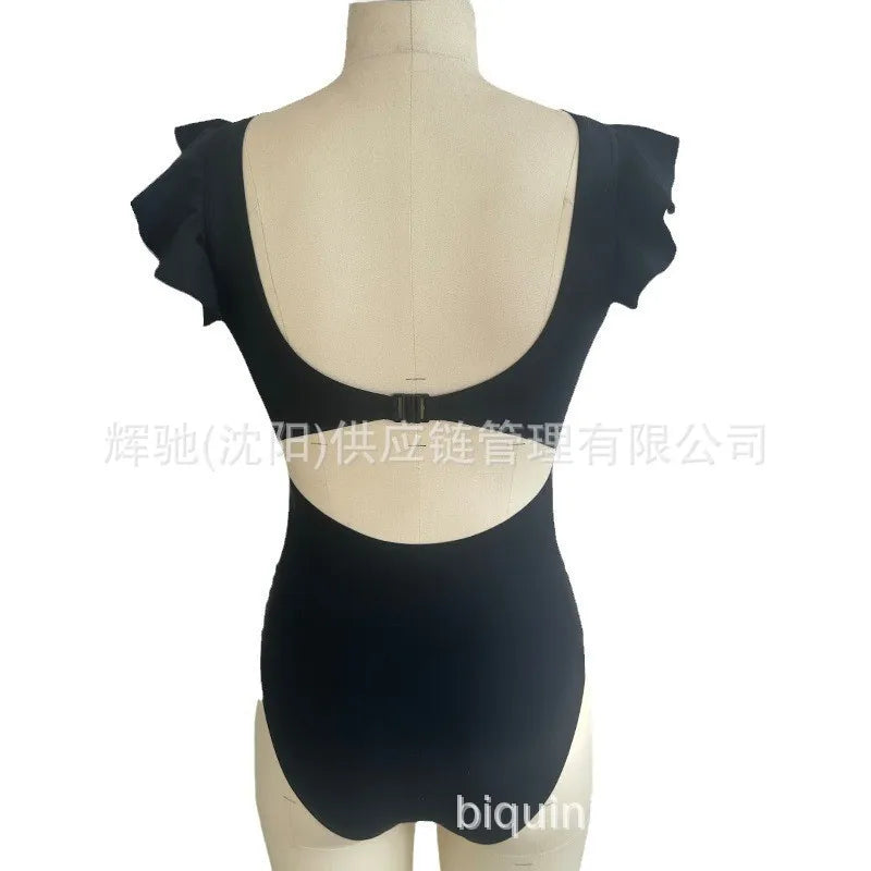 Russian Swimsuit Strapless One-piece Swimming Suit Slim Black Bikini Ruffled Swimsuit Bathing Suit Women Tight and Sexy Bikini