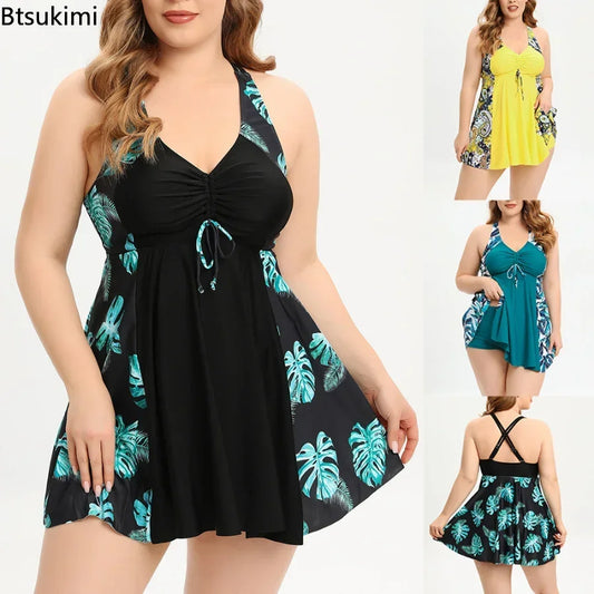 Plus Size 4XL 5XL Leaf Print Swimwear Women Tankini Swimsuits Drawstring Swimsuit Female Large Size Bathing Suits Skirt Bathers