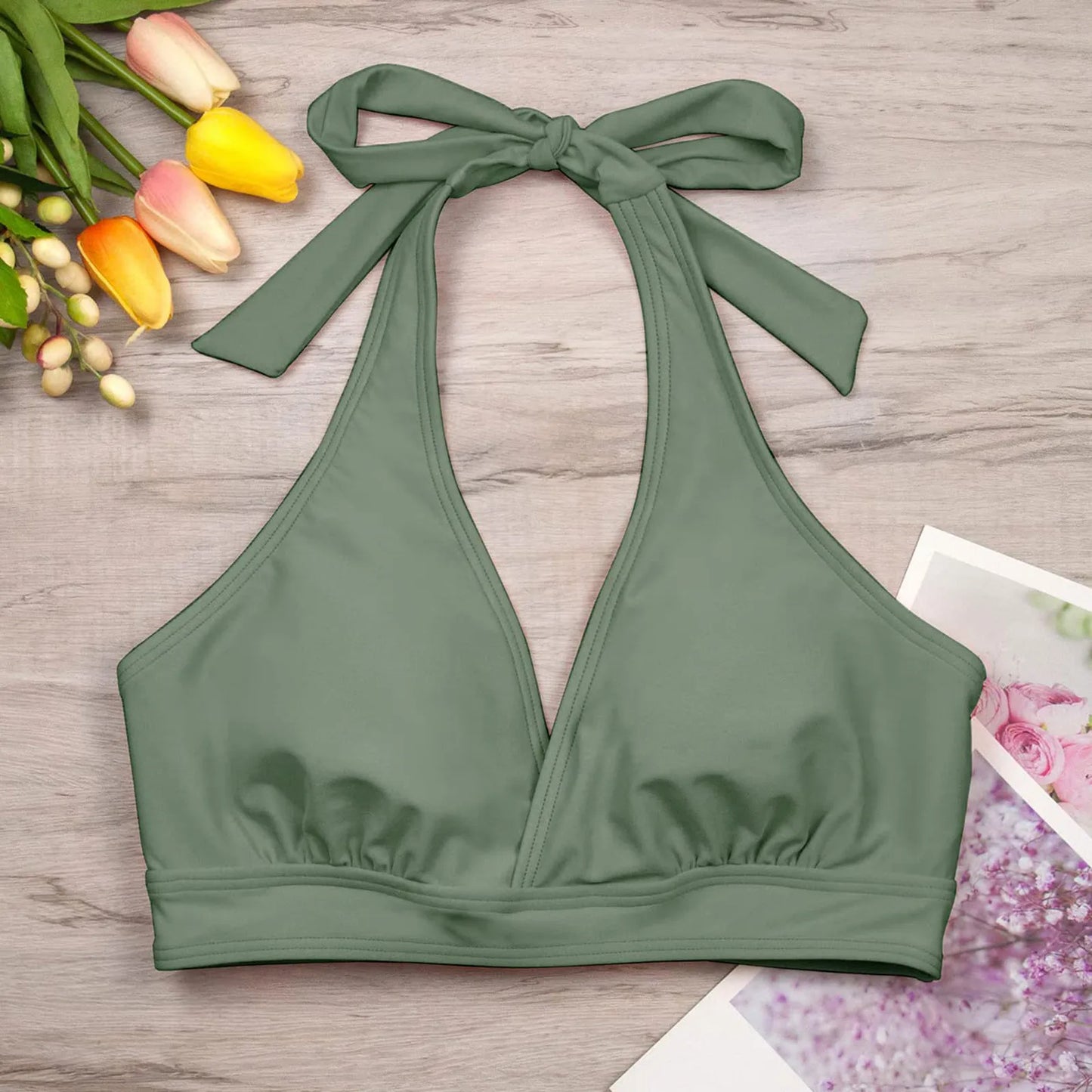 Women's Full Coverage Bikini Tops Lace Up Swimwear Solid Color Tops Underwire Push Up Swim Crop Top Tie Back Bathing Suit