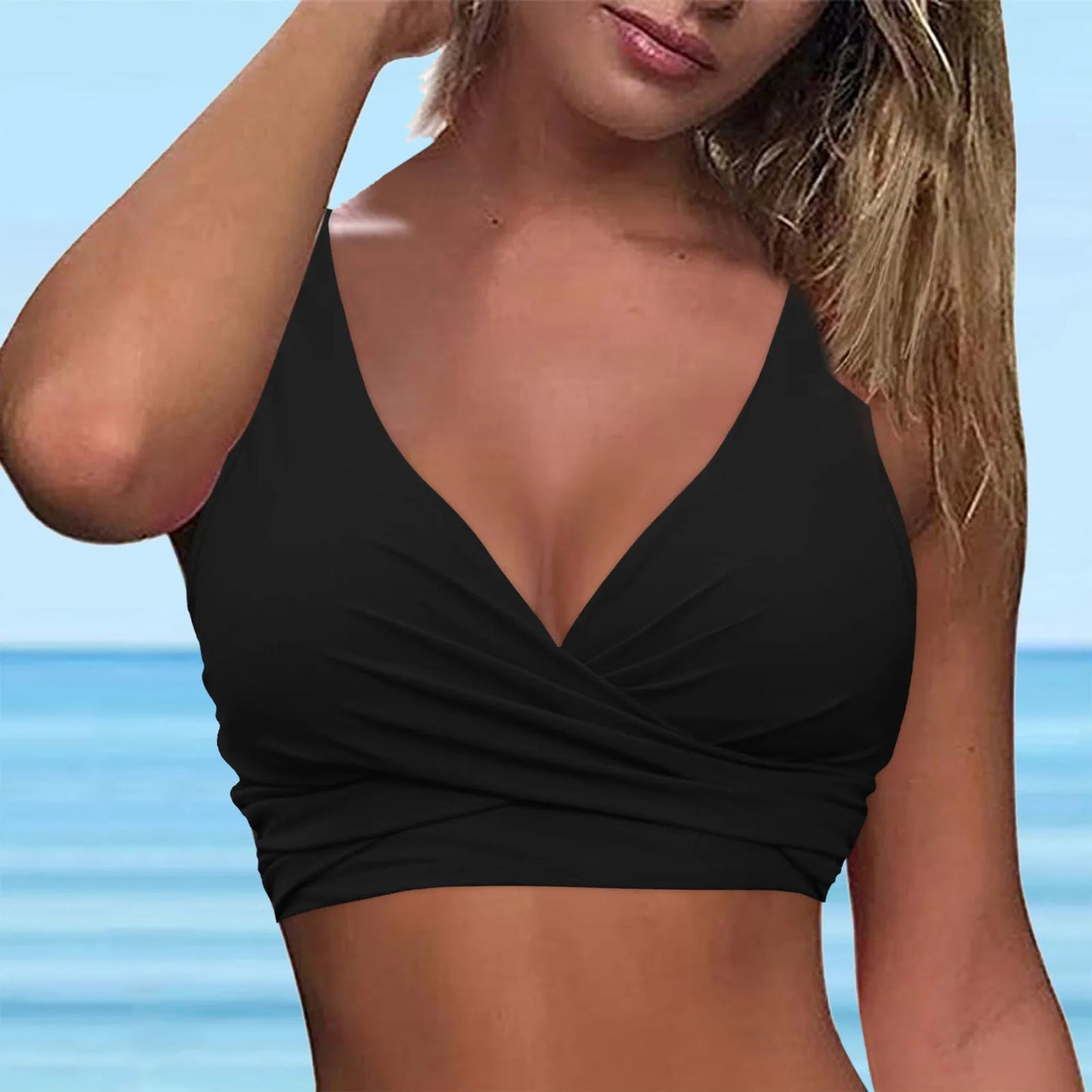 Women Lace Up Swimwear Bikini Tops Brazilian Sexy Cross Ruched Push Up Bandage Crop Top Tie Back Beach Bathing Suit Bra Summer