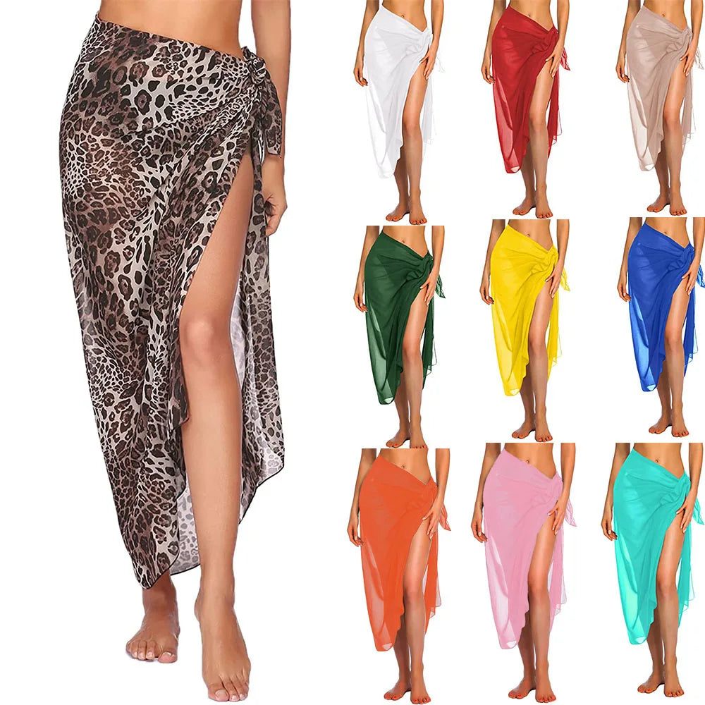 Summer Leopard Beach Long&Short Sarong Swimsuit Coverups Bikini Wrap Sheer Many Solid Colors Skirt Scarf for Swimwear Cover-ups