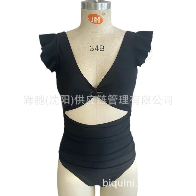 Russian Swimsuit Strapless One-piece Swimming Suit Slim Black Bikini Ruffled Swimsuit Bathing Suit Women Tight and Sexy Bikini