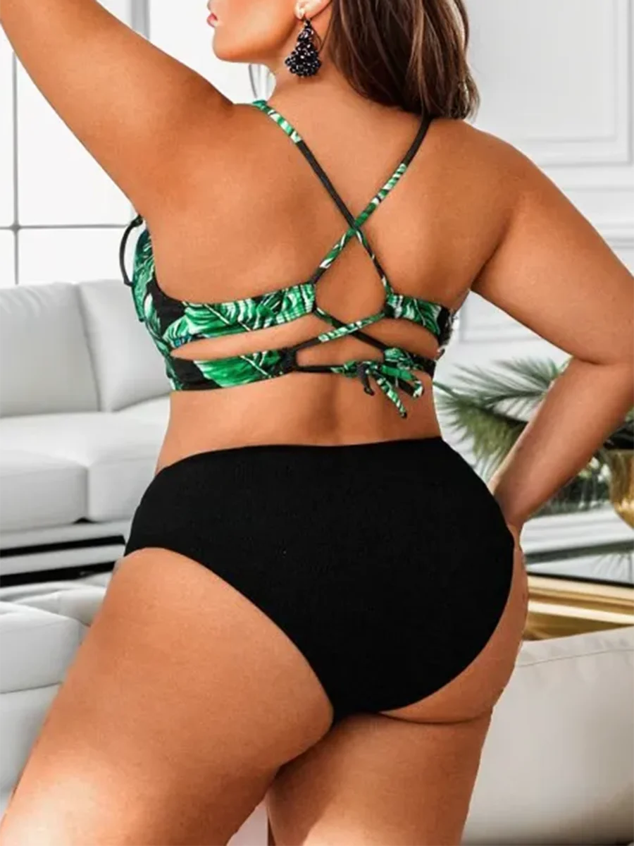 2024 Large Plus Size Back Hollow String Bikini 2 Piece High Waist Swimsuit Women Swimwear Female Bathing Suit Beachwear Swimming