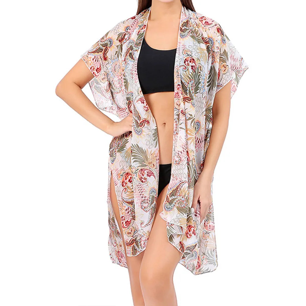 Women's Tops Boho Loose Chiffon Coverups Beach Swim Bikini Kimono Cardigan Bathing Suit Cover Ups Blouse Swimwear Resort Wear