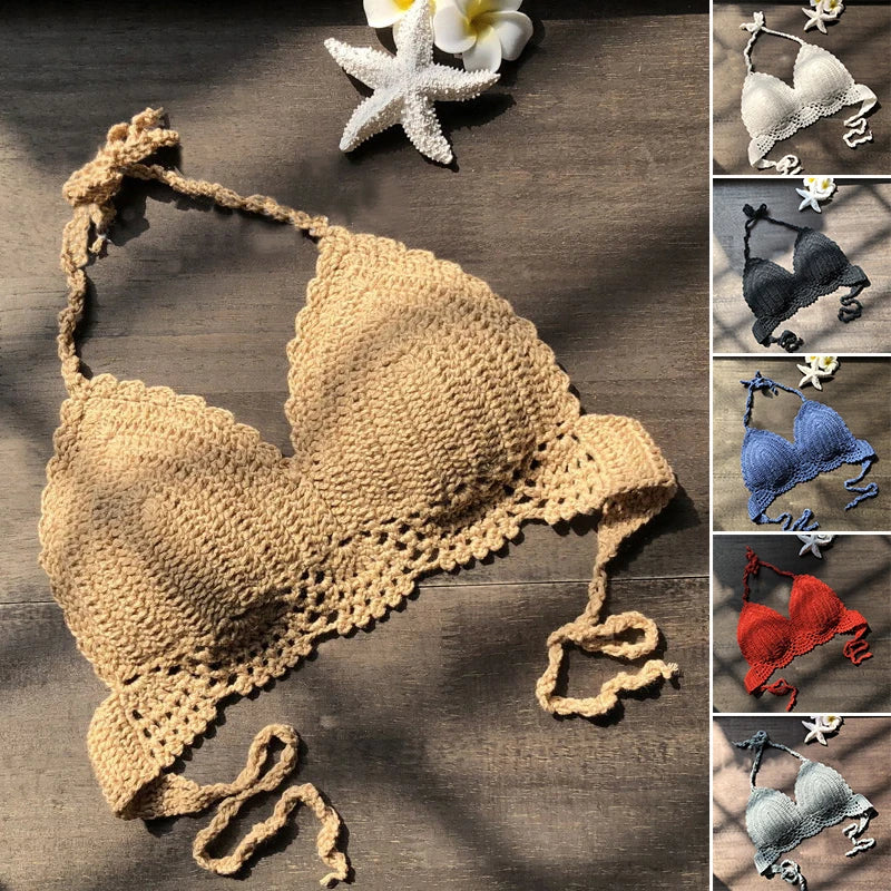 Sexy Womens Crochet Bikini Crop Tops Boho Beach Camisoles Halter Tank Top Summer Beachwear Bikini Bra Knitted Swimming Bra Hot