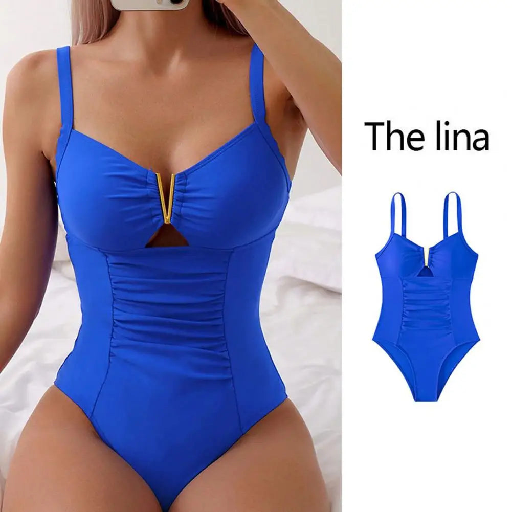 Slim Fit Swimsuit Stylish V-neck One-piece Swimsuit for Women Pleated Monokini Beachwear with Quick-drying Fabric Summer