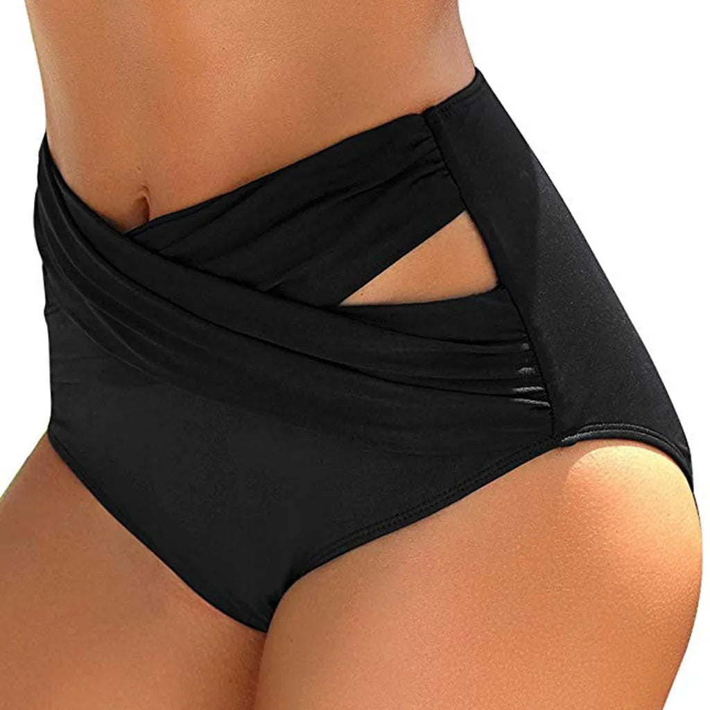 Summer Women Black High Waist Bikini Bottoms Tummy Control Swimsuit Ruched Briefs Quick Dry Sports Swim Trunks Ladies Swimwear