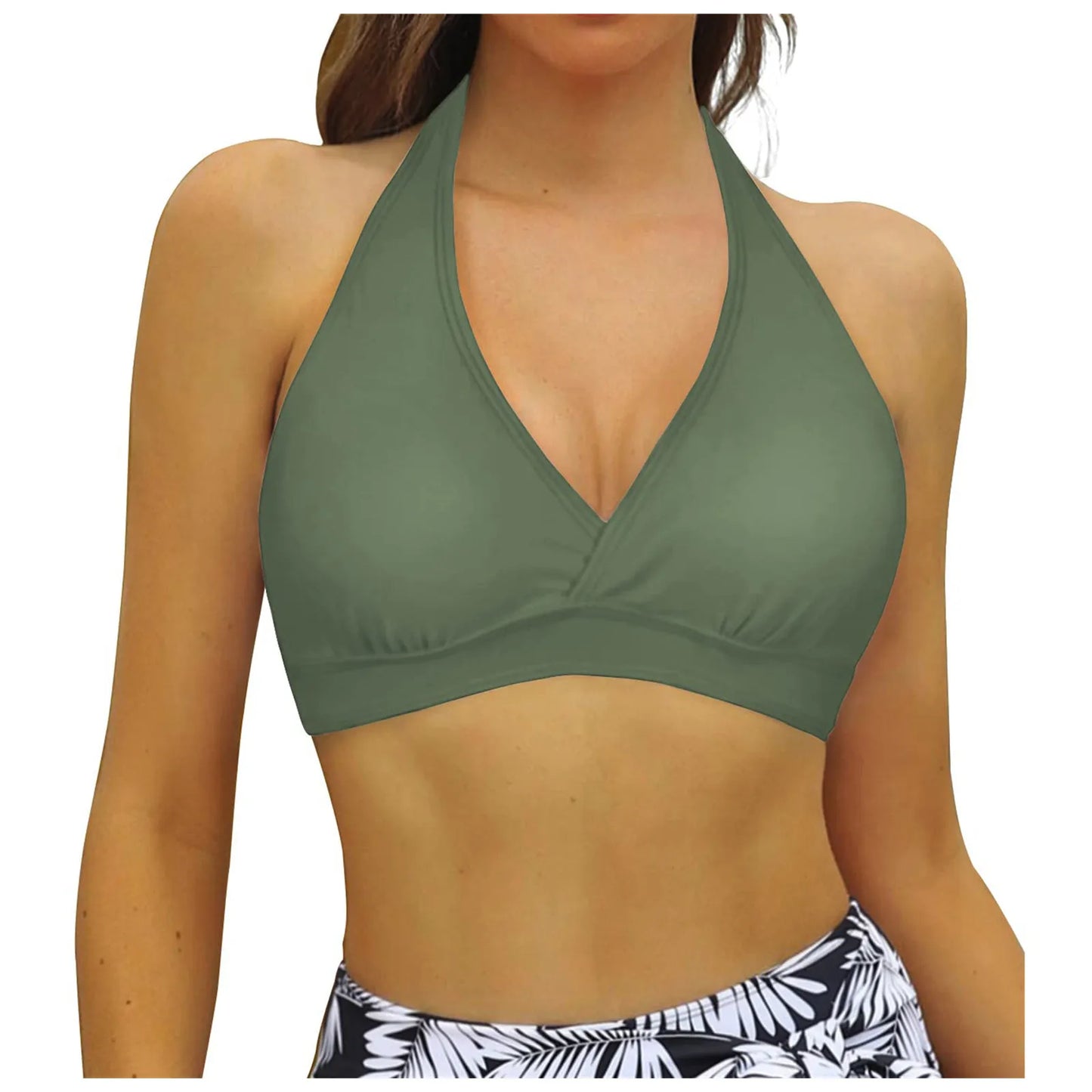 Women's Full Coverage Bikini Tops Lace Up Swimwear Solid Color Tops Underwire Push Up Swim Crop Top Tie Back Bathing Suit