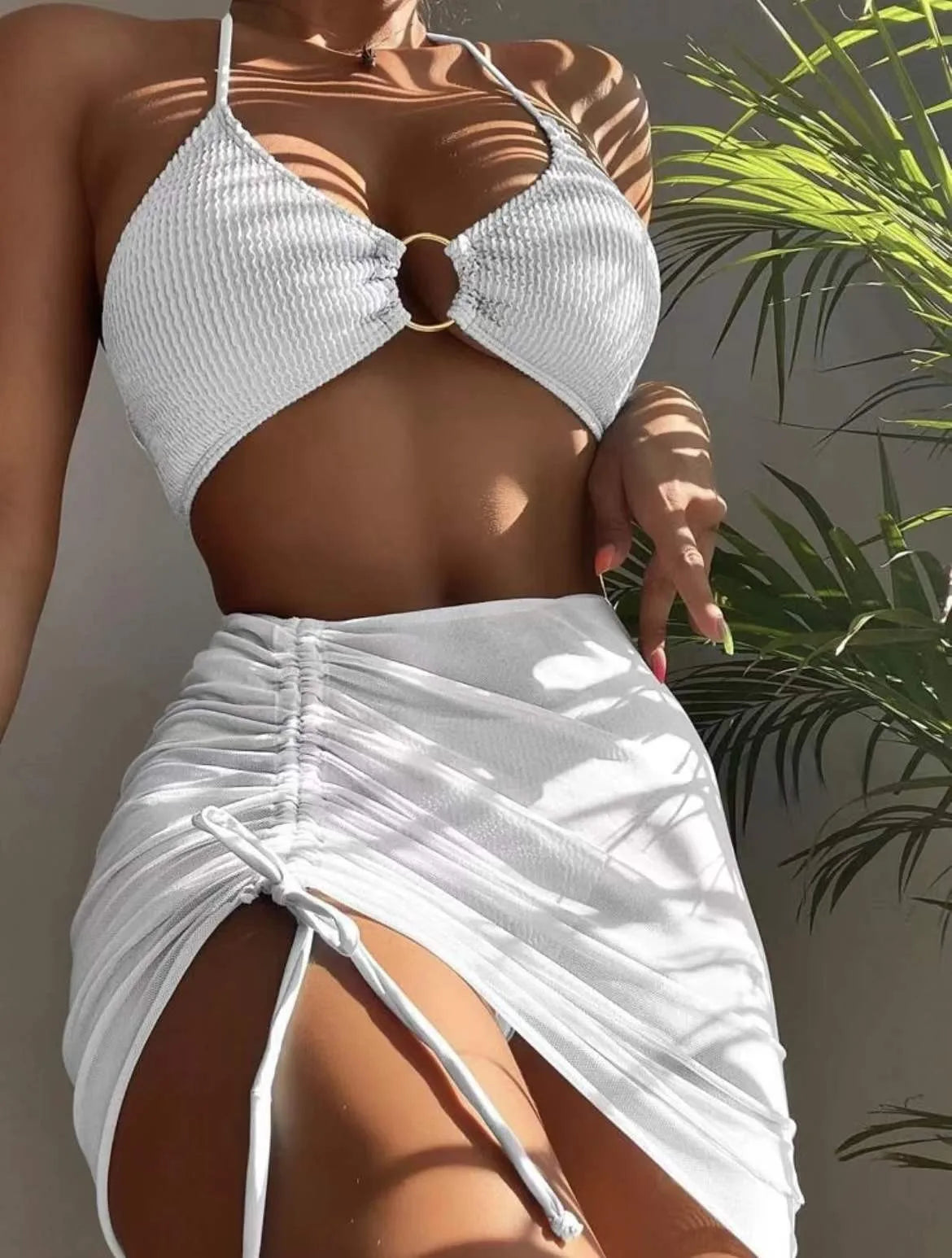 New High Elastic Bikini Set for 2024 Summer Three-piece Solid Color Lace-up Sexy Women Swimsuit Beach Bathing Suit Swimwear