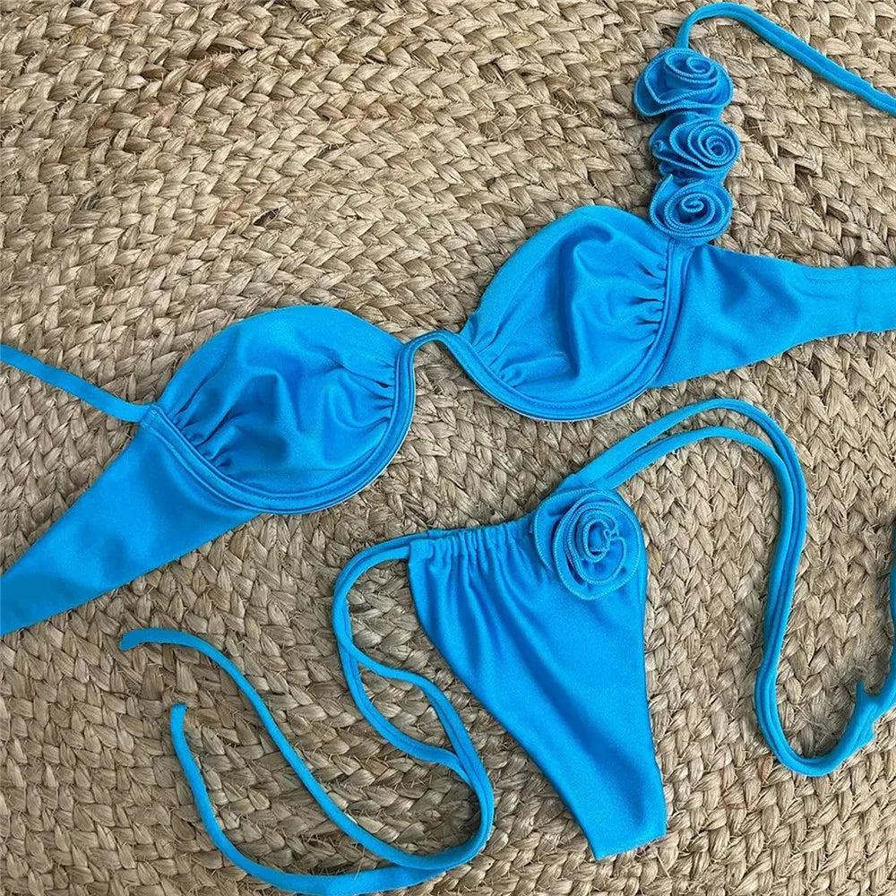 Sexy 3D Flower Blue Push Up Bikinis Set 2024 Women Wrinkled Underwired Swimwear Micro Thong Swimsuit Bathing Suit Bikini Mujer