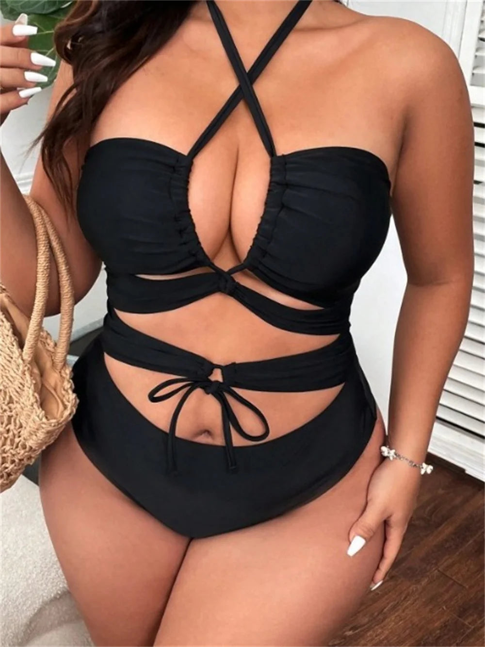 2024 new fashion women's beach beach holiday bikini one-piece triangular holloway lace-up swimsuit sexy plus size swimsuit woman