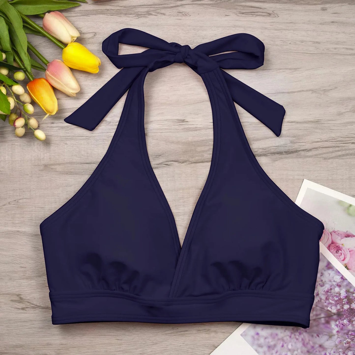 Women's Full Coverage Bikini Tops Lace Up Swimwear Solid Color Tops Underwire Push Up Swim Crop Top Tie Back Bathing Suit