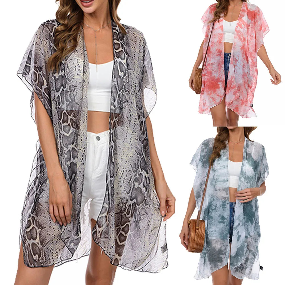 Women's Tops Boho Loose Floral Coverups Beach Swim Bikini Kimono Cardigan Bathing Suit Cover Ups Blouse Swimwear Resort Wear