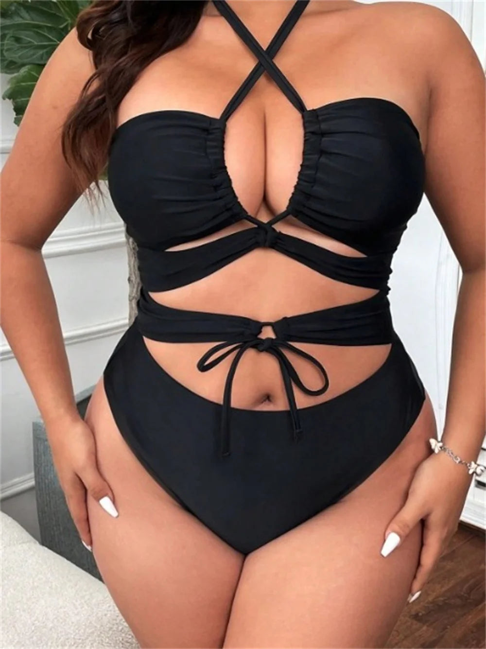 2024 new fashion women's beach beach holiday bikini one-piece triangular holloway lace-up swimsuit sexy plus size swimsuit woman