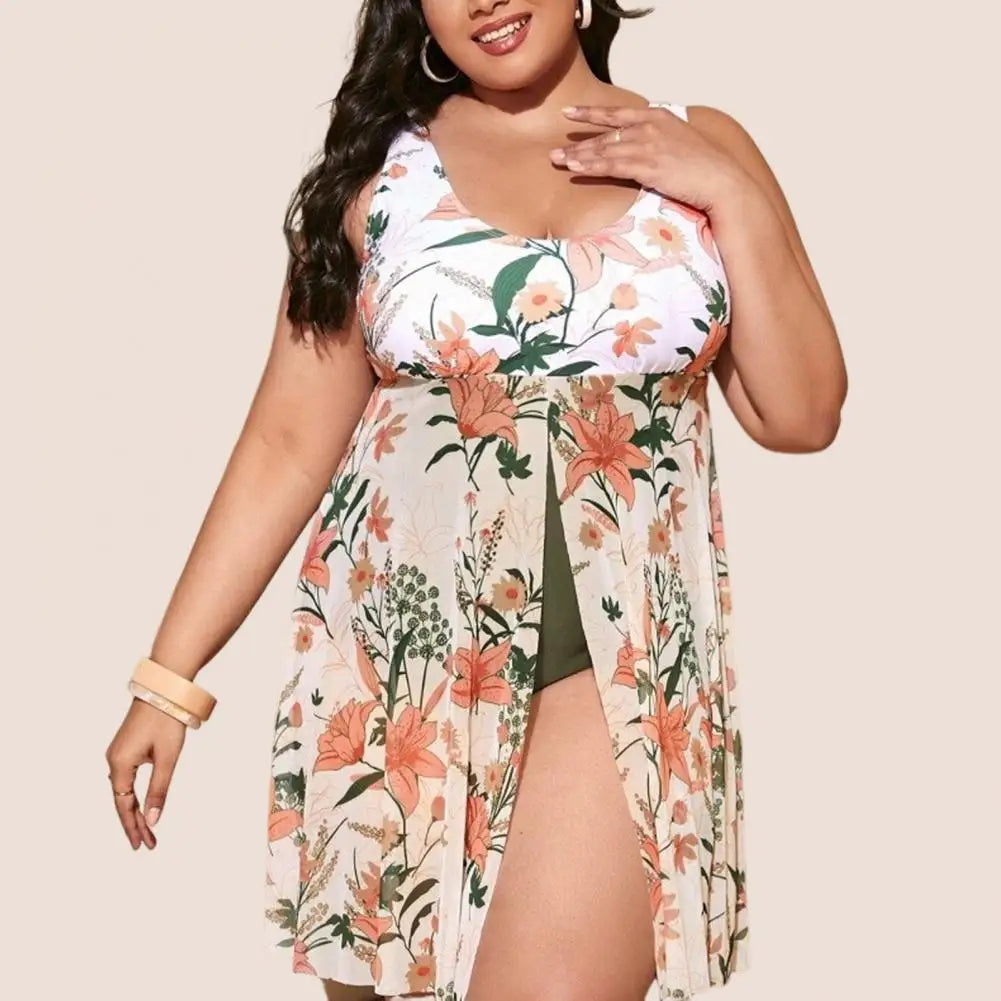 Plus Size Women Summer Monokini Sleeveless Split Hem One-Piece Swimsuit Control Tummy Swimming Suit Quick Drying Beachwear 비키니