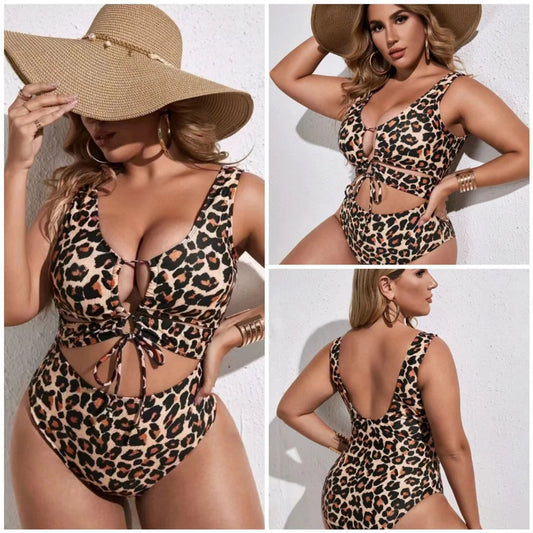 2024 summer women's fashion beach vacation one-piece plus size swimsuit sexy leopard print high-waisted bikini plus swimsuit