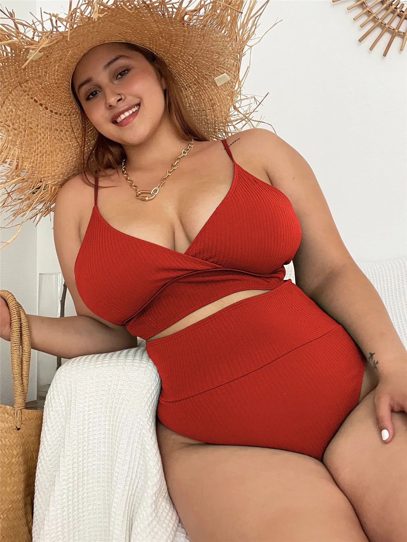 Cikini-Sexy Monochromatic Swimsuit for Female, New Strap, High Waist, Plus Size Bikini, Two-Piece Swimwear, Beach Bathing Suit