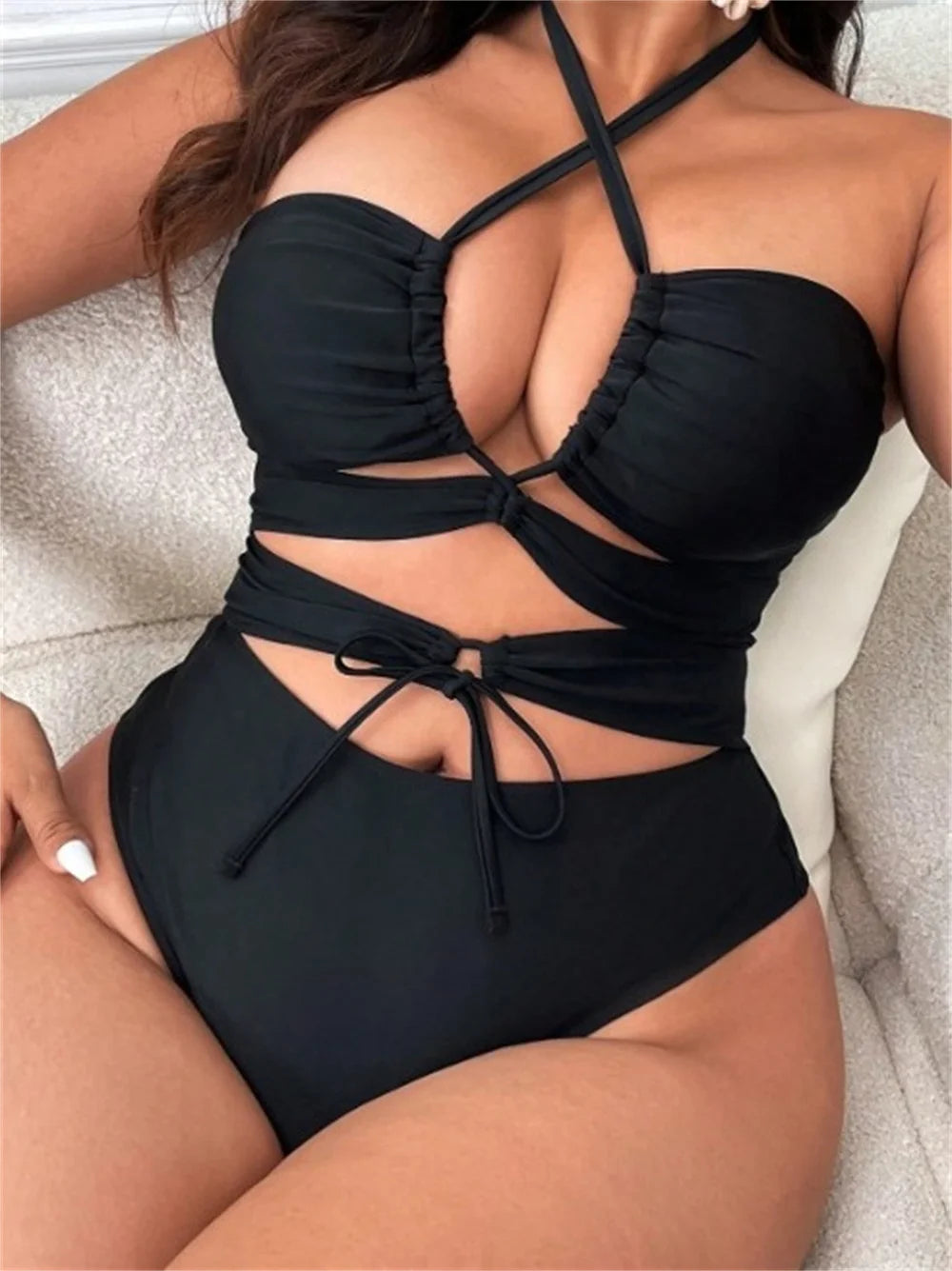 2024 new fashion women's beach beach holiday bikini one-piece triangular holloway lace-up swimsuit sexy plus size swimsuit woman