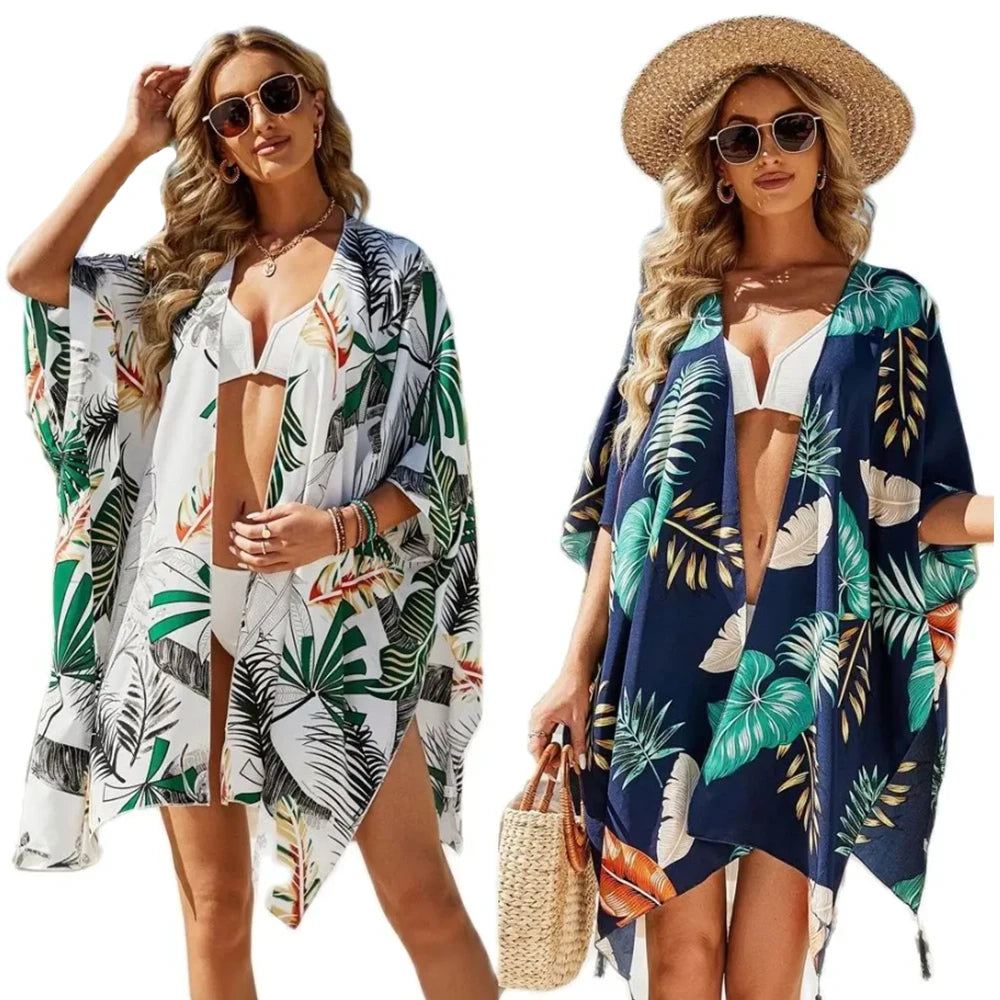 Women's Tops Loose Floral Print Chiffon Coverups Beach Swim Bikini Kimono Cardigan Puff Sleeve Cover Ups Blouse for Swimwear