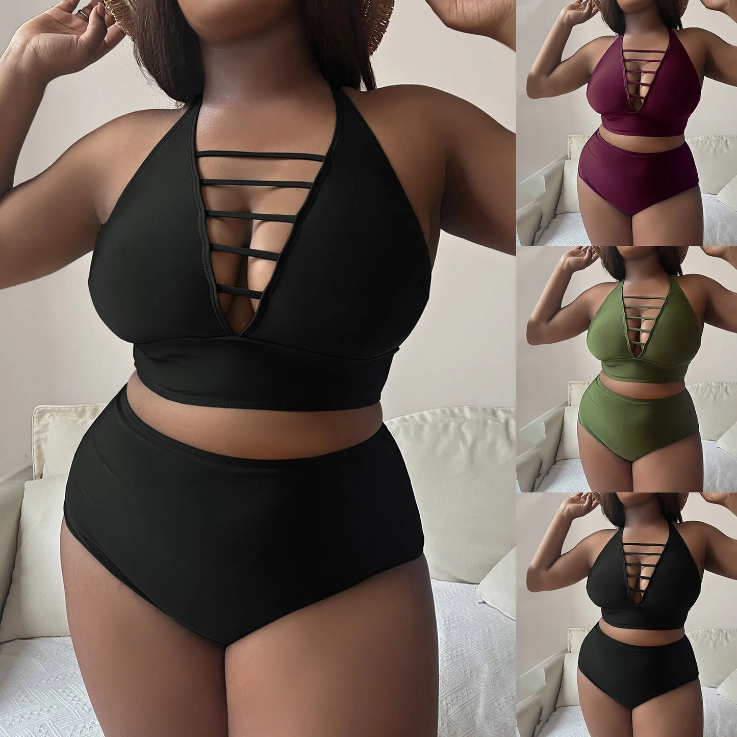 Women's Plus Size Bikini Swimsuits 2024 Solid Color Front Strap Backless Sexy Bikinis Large Swimsuit Black Beach Swimwear New