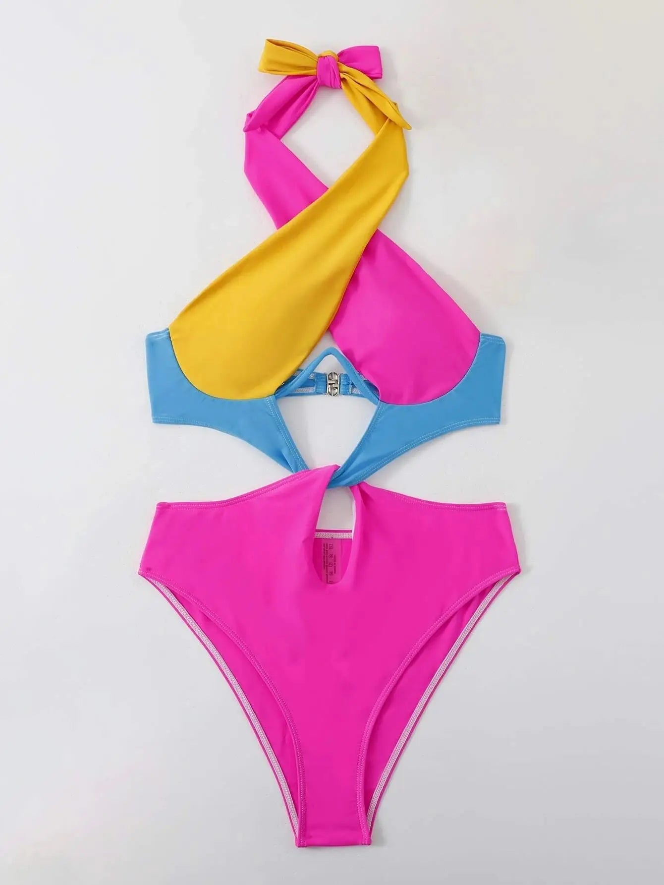 Cikini-Colorblock Cut Out Tie Back Underwire Swimsuit for Women, Summer Beach Swimwear, One Piece Bathing Suit