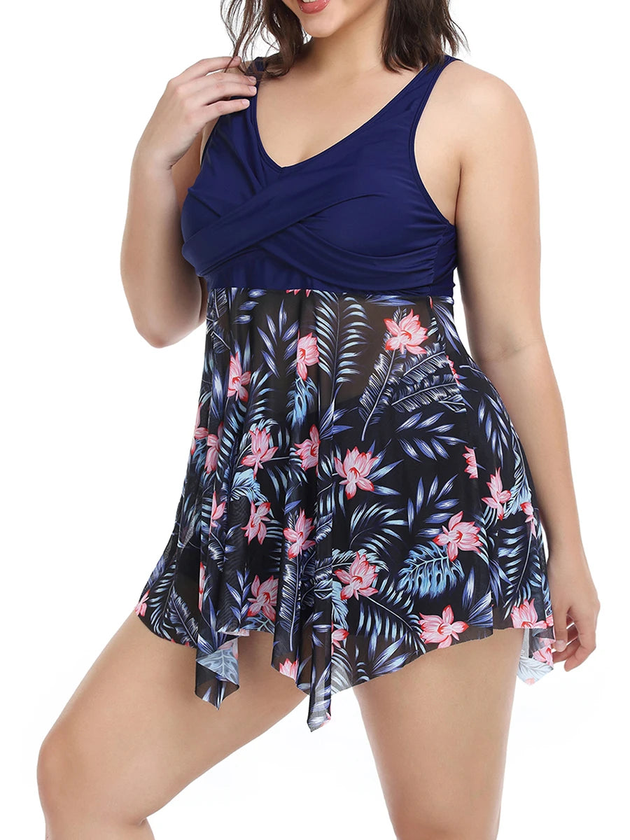 Womens Plus Size Bathing Suit with Boyshorts Mesh Tankini Swim Dress Two Piece Flowy Swimsuits