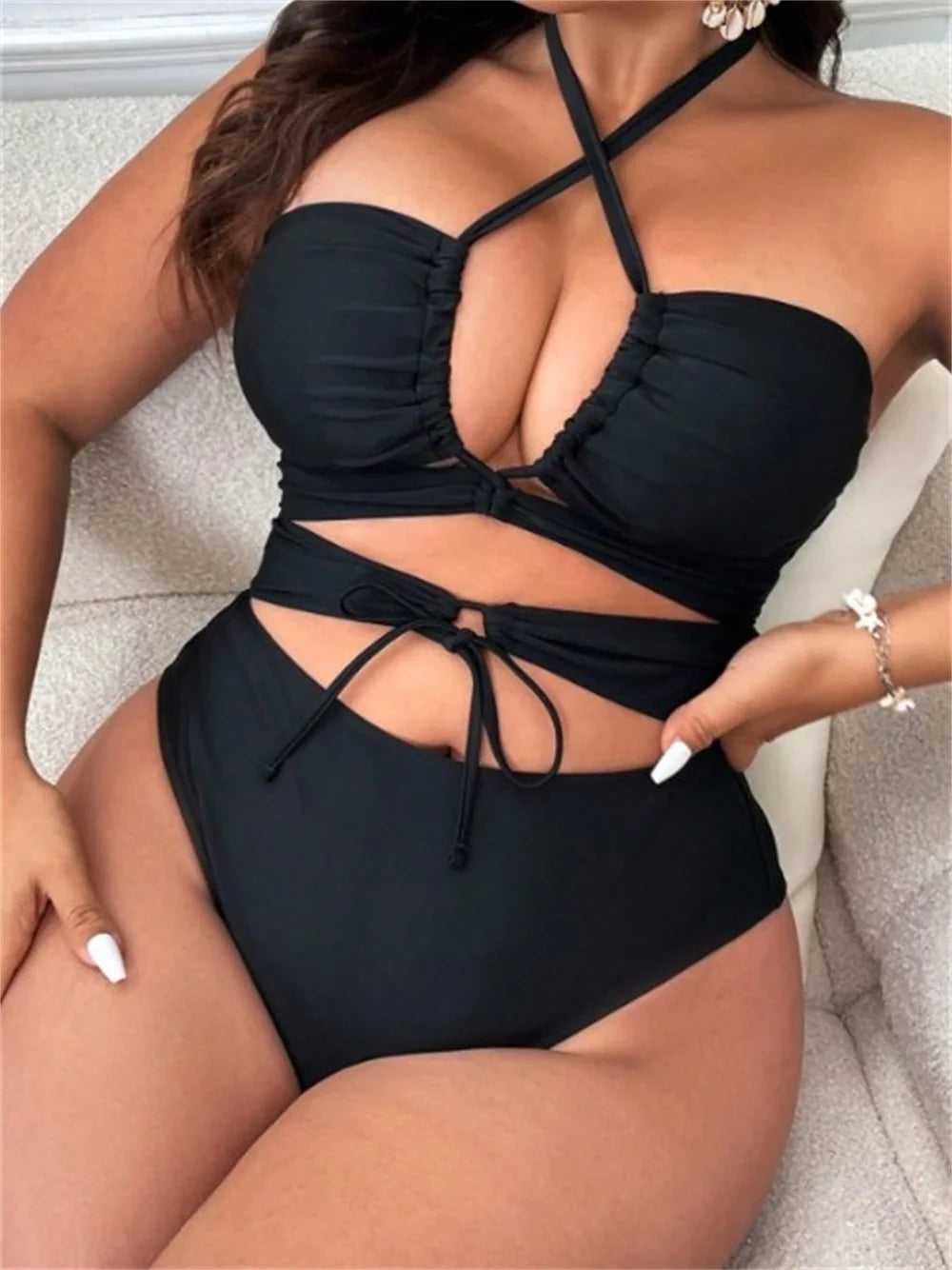 2024 new fashion women's beach beach holiday bikini one-piece triangular holloway lace-up swimsuit sexy plus size swimsuit woman