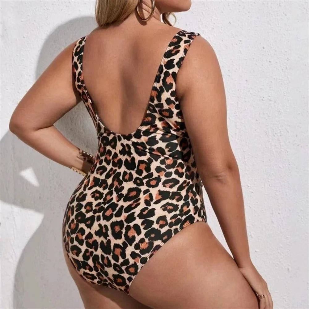 2024 summer women's fashion beach vacation one-piece plus size swimsuit sexy leopard print high-waisted bikini plus swimsuit